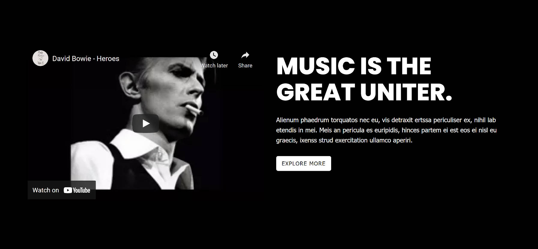 Zwei Spalten. Links ein eingebettetes YouTube-Video. Auf der rechten Seite eine Überschrift, ein Absatz und eine Schaltfläche.