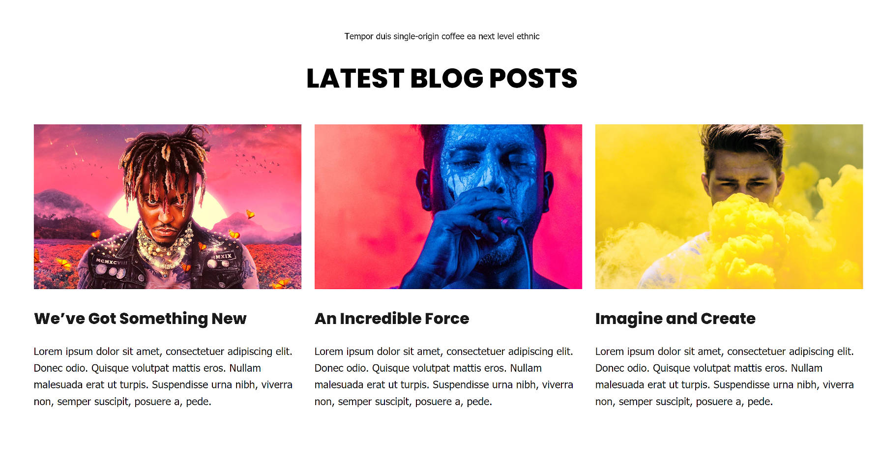 Dreispaltiger Abschnitt mit den neuesten Beiträgen mit vorgestellten Bildern.