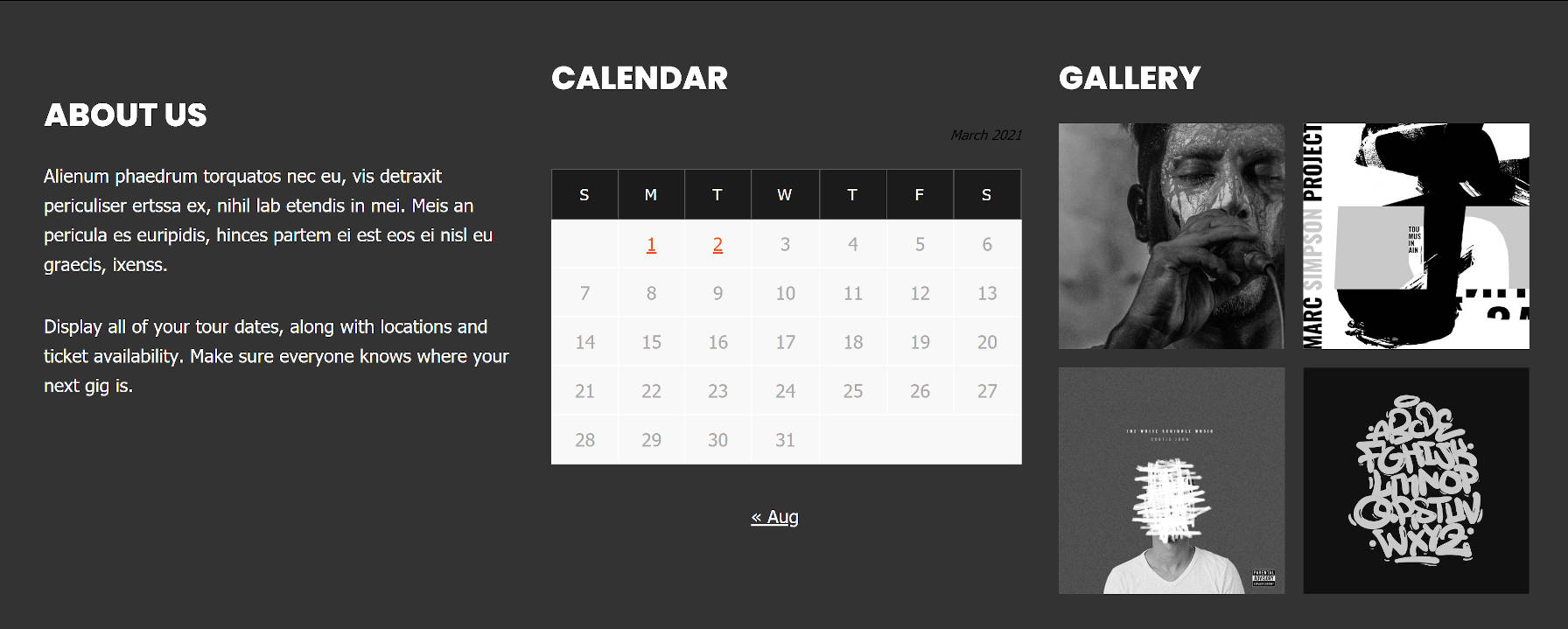 Ein dreispaltiger Bereich: Über uns, Kalender und Bildergalerie.