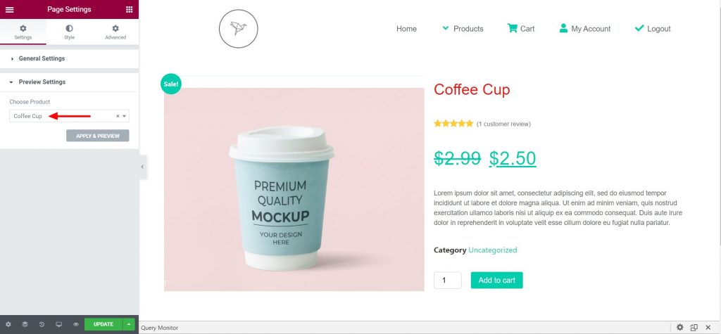 Setările paginii Elementor WooCommerce