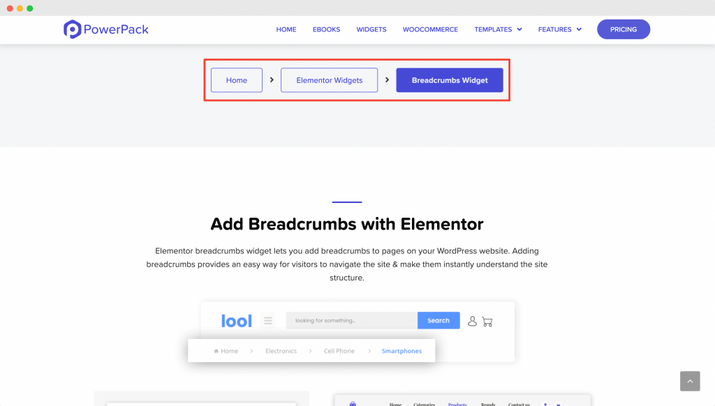 Widżet elementu Breadcrumbs PowerPack PowerPack’s Breadcrumbs Elementor widget