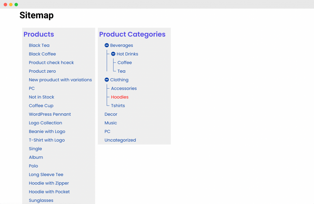 Une page Sitemap construite avec le widget Sitemap de PowerPack Elementor