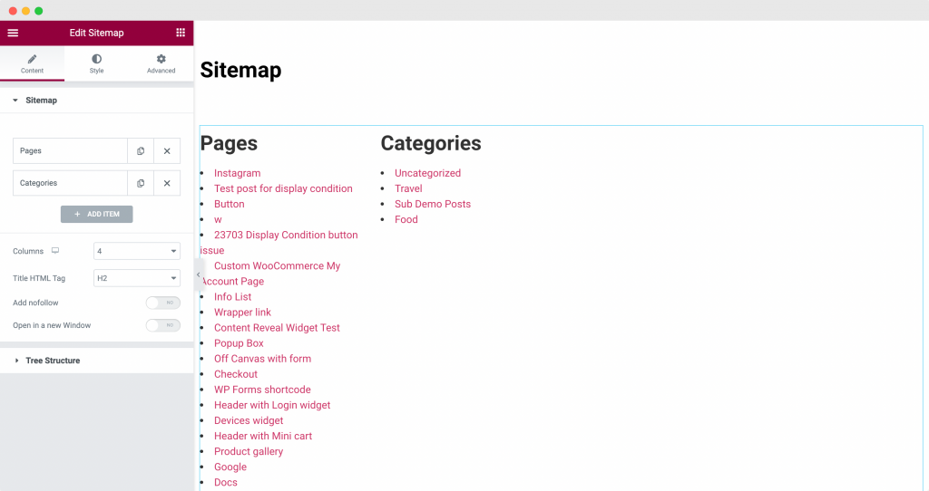 Une page Elementor contenant le widget Sitemap de PowerPack