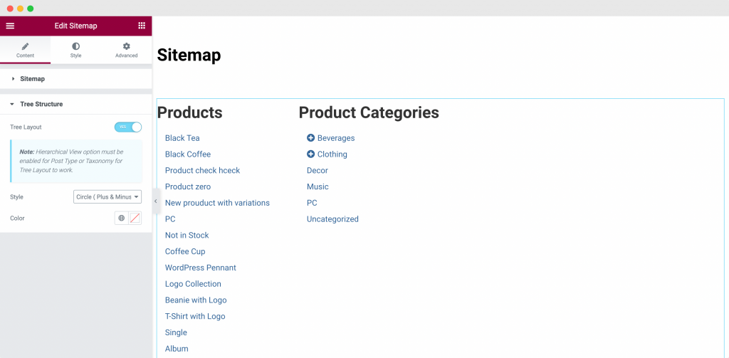 Structure arborescente dans l'onglet Contenu du widget Sitemap