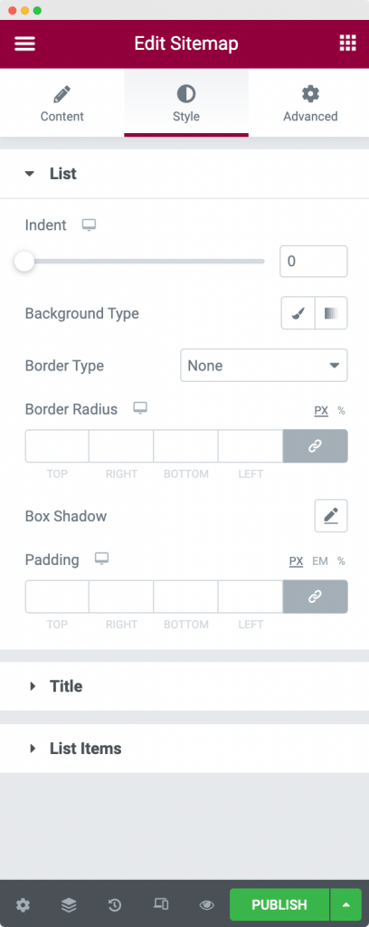 Onglet Style du widget Sitemap