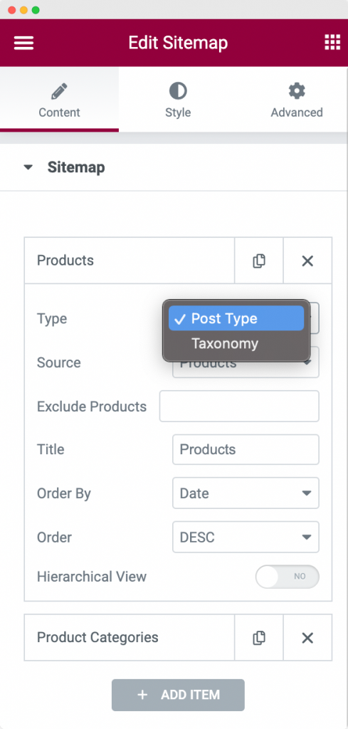 Choisissez le "Type" dans l'onglet Contenu du sitemap
