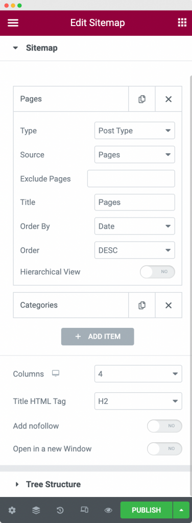 Personnalisation du widget Sitemap dans l'onglet Contenu