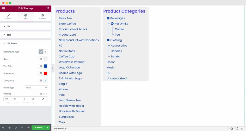 Styliser les éléments de la liste dans le widget Sitemap du PowerPack Elementor