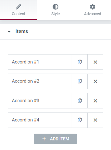 Secțiunea Elemente din fila Conținut a widgetului Image Accordion