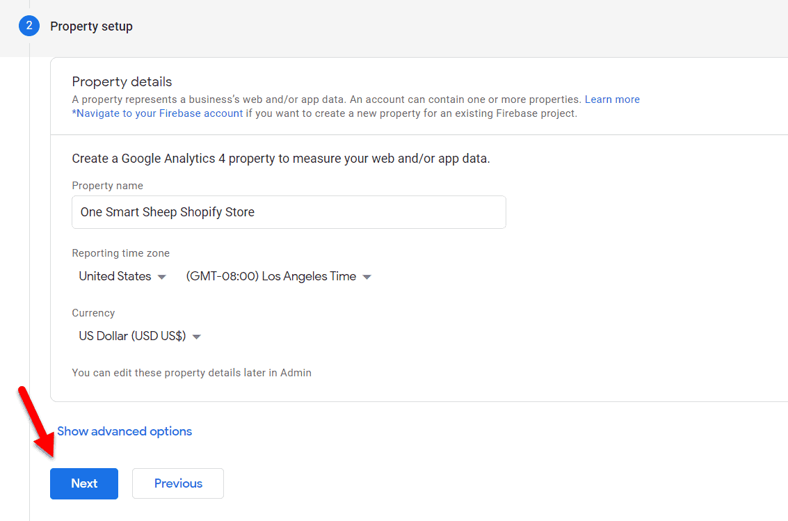 Configurazione della proprietà di Google Analytics