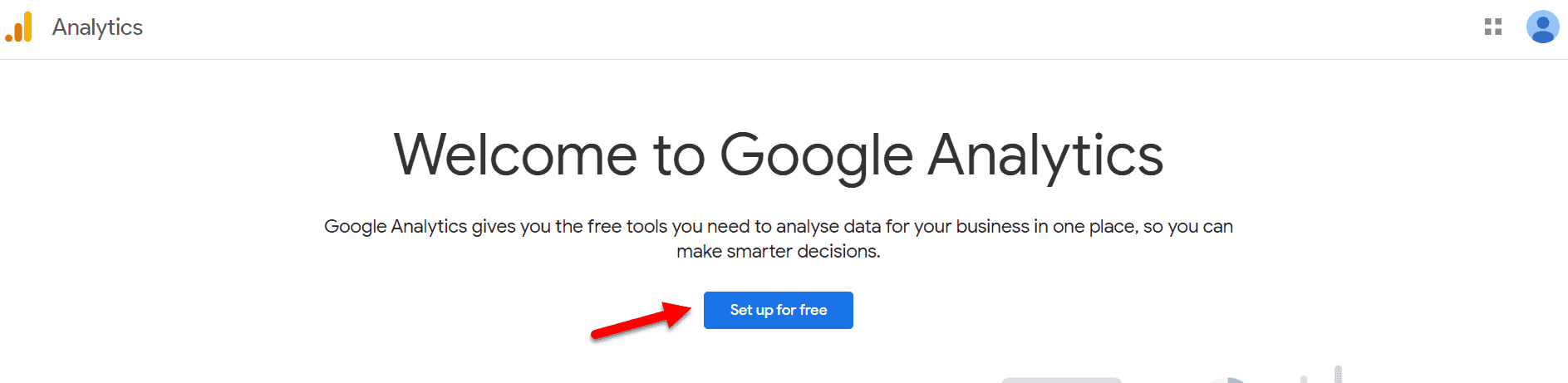 Pagina di benvenuto di Google Analytics