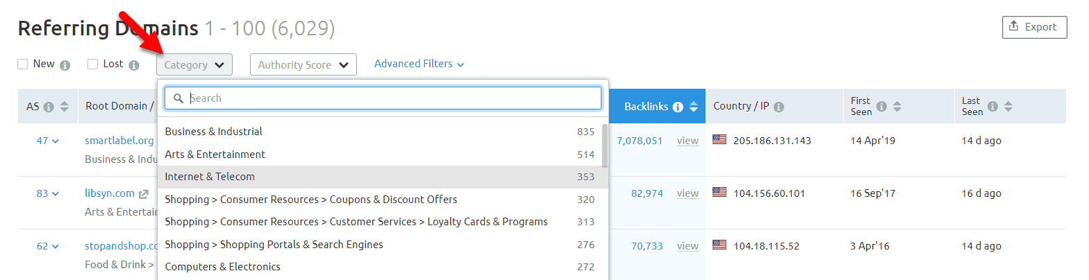 Filtro di categoria SEMrush