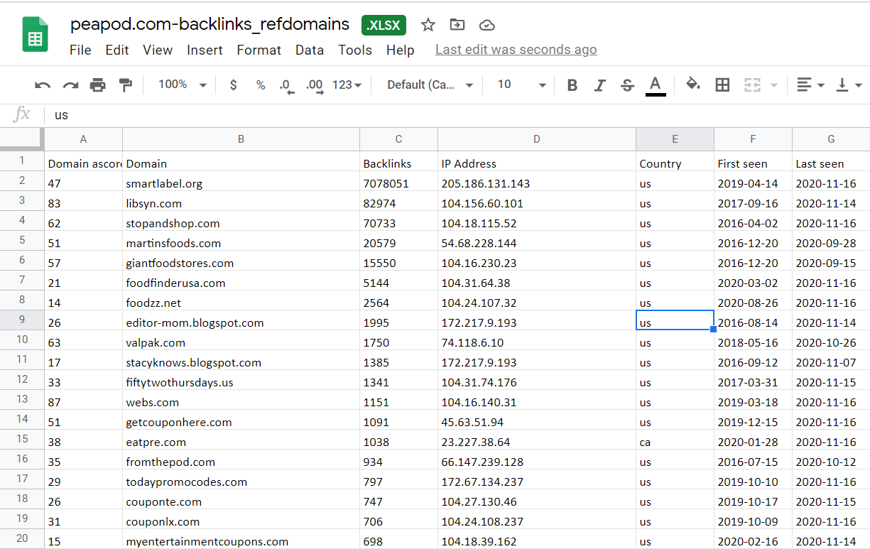 Collegamenti a ritroso Peapod nel file Fogli Google