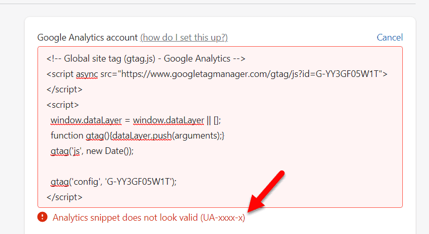 Errore di Google Analytics di Shopify