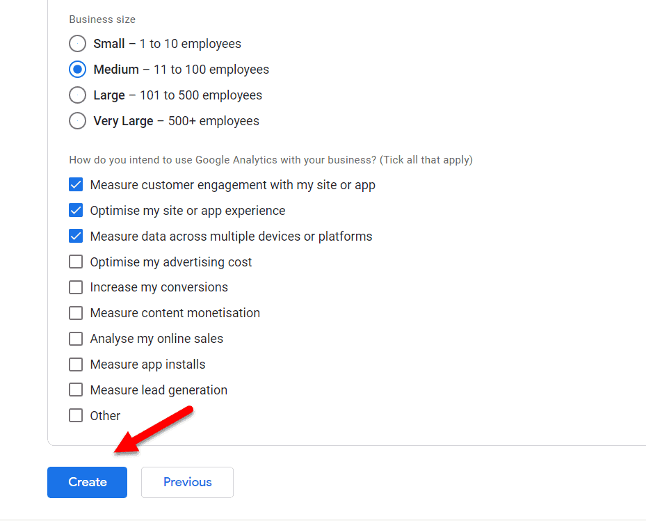 Pulsante Crea stream di Google Analytics