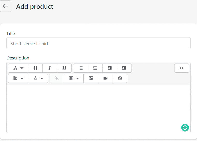 Campi di immissione del prodotto e della descrizione di Shopify