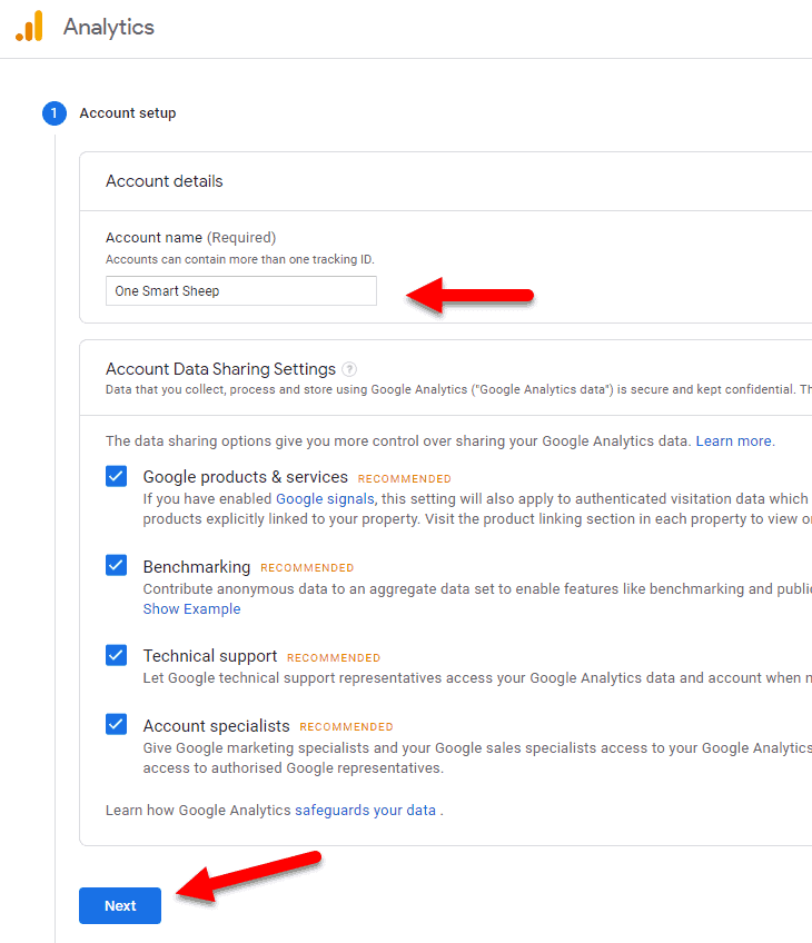 Configurazione dell'account Google Analytics