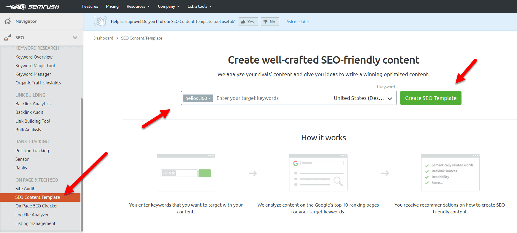 Modello di contenuto SEO di SEMrush