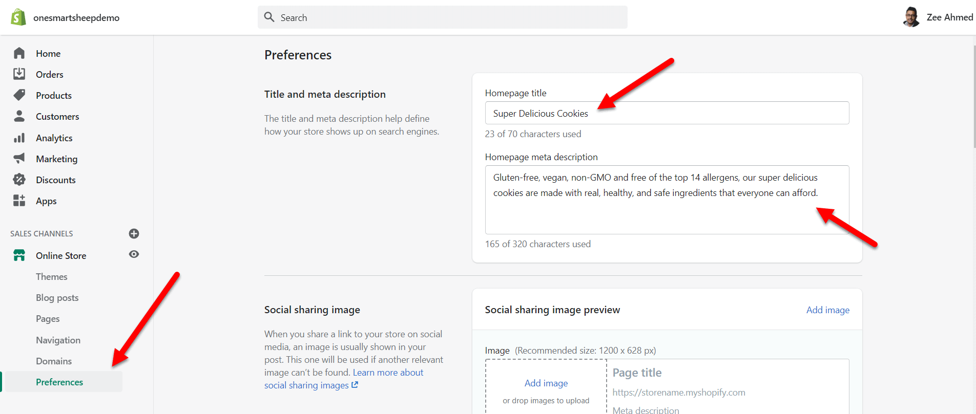Titolo e meta descrizione di Shopify