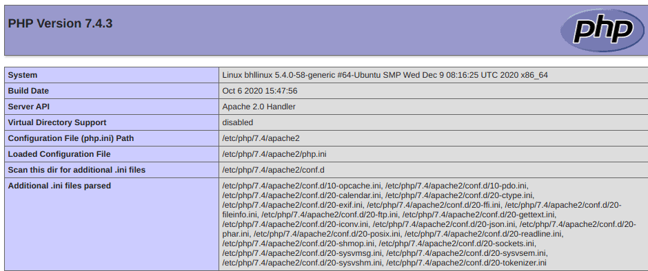 UbuntuLinux20.04でサンプルinfo.phpページをテストしています