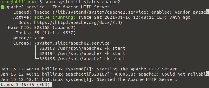 apache2ステータスの確認
