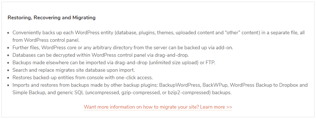 UpdraftPlusの機能の復元、回復、および移行