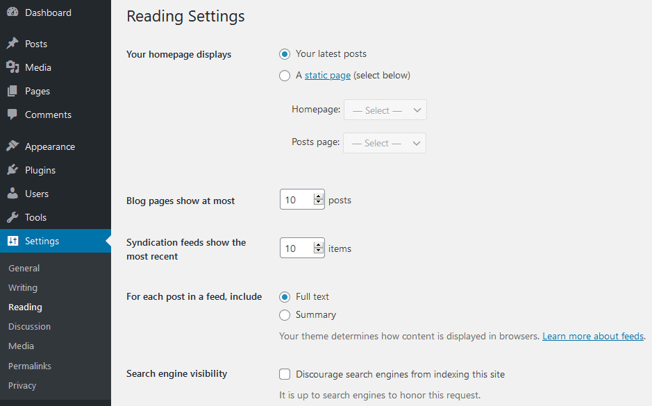 การตั้งค่าการอ่าน WordPress