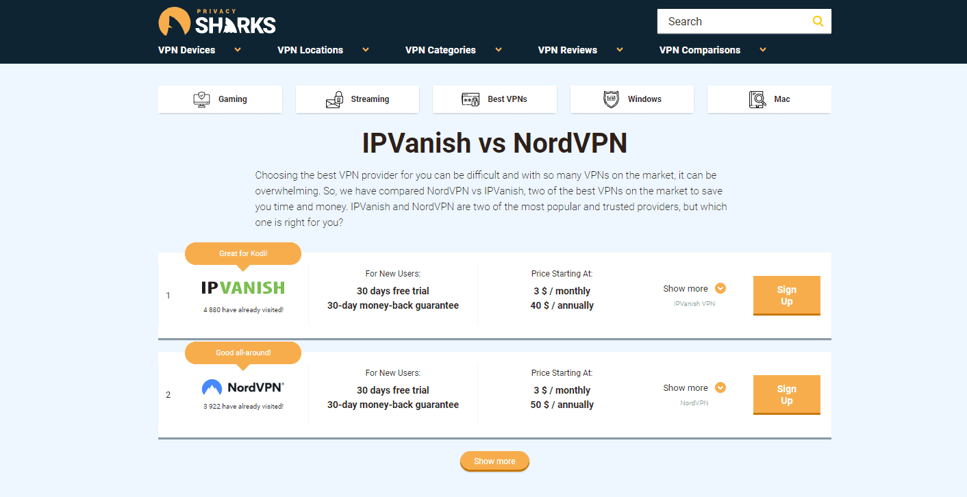 Comparações VPN PrivacySharks
