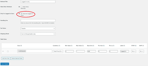 อัตราค่าจัดส่งตาราง WooCommerce เฉพาะสำหรับผู้ใช้ที่เข้าสู่ระบบ ตัวเลือก