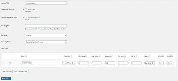 อัตราตาราง WooCommerce การตั้งค่าวิธีการจัดส่งการจัดส่ง