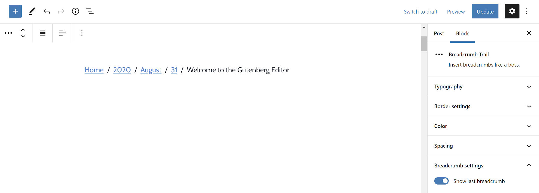 บล็อกรายการเบรดครัมบ์ที่แสดงในตัวแก้ไขบทความของ WordPress