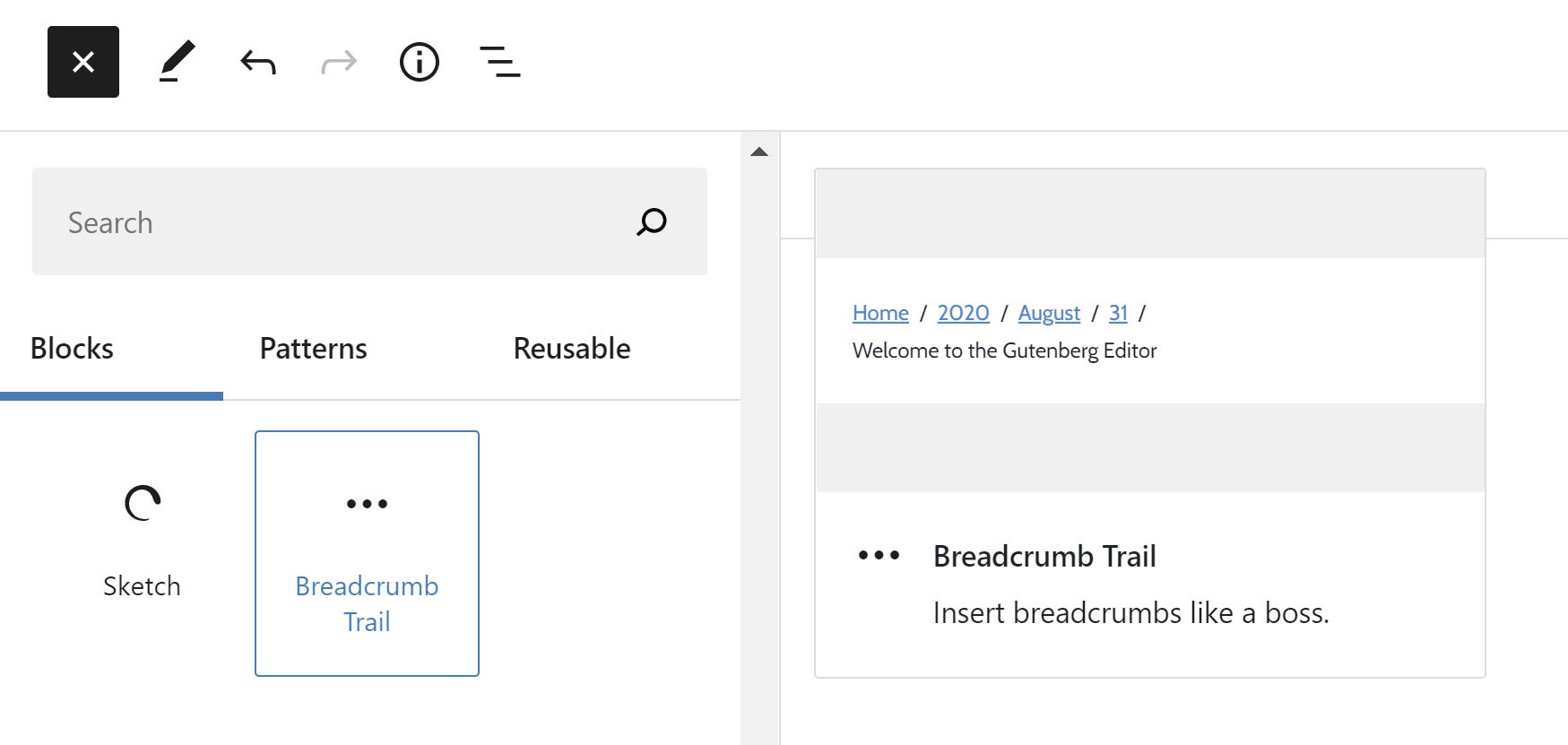 ตัวแทรกบล็อก WordPress ที่เลือกบล็อกเบรดครัมบ์ แสดงตัวอย่าง