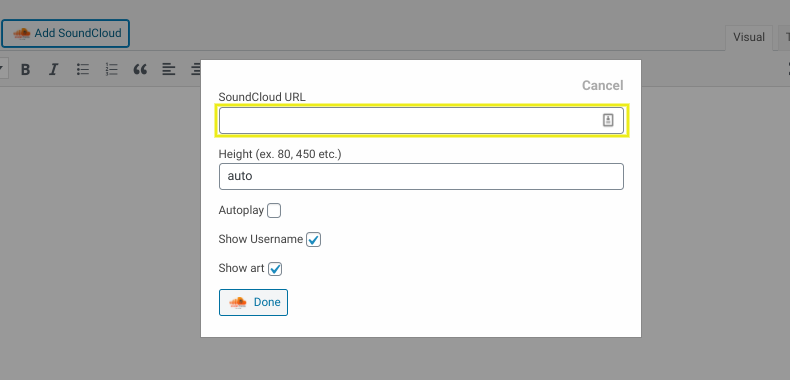 หน้าจอสำหรับเพิ่ม SoundCloud URL ใน WordPress