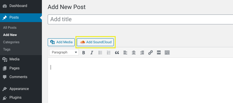 ปุ่ม 'เพิ่ม SoundCloud' ในตัวแก้ไขคลาสสิกของ WordPress