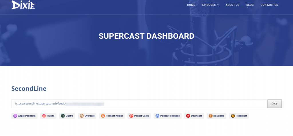Bir demo podcast web sitesindeki Supercast panosu.