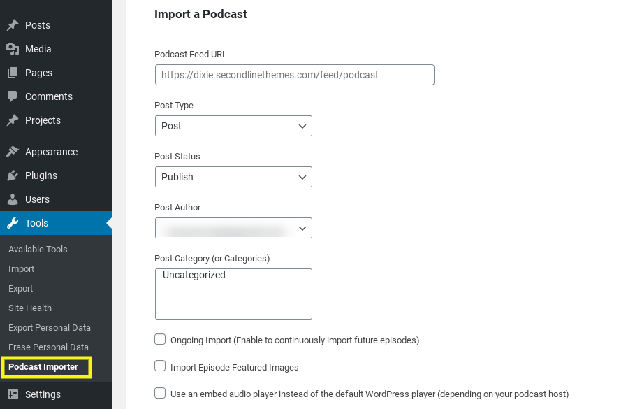 Экран «импорт подкастов» в WordPress с использованием плагина SecondLineTheme Podcast Importer.