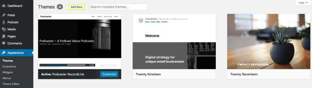 Pagina de gestionare a temei WordPress.