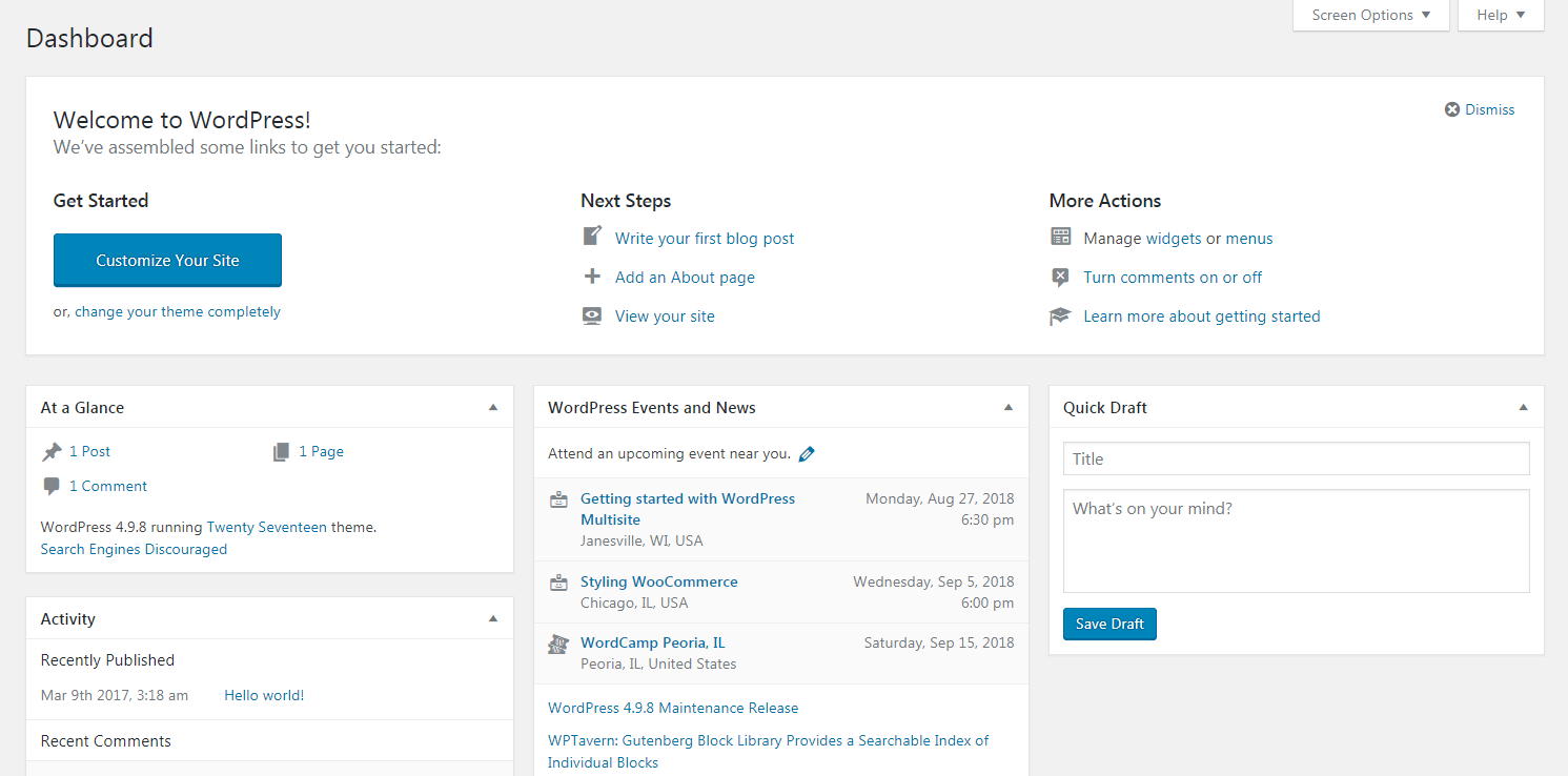 Una dashboard predefinita di WordPress.