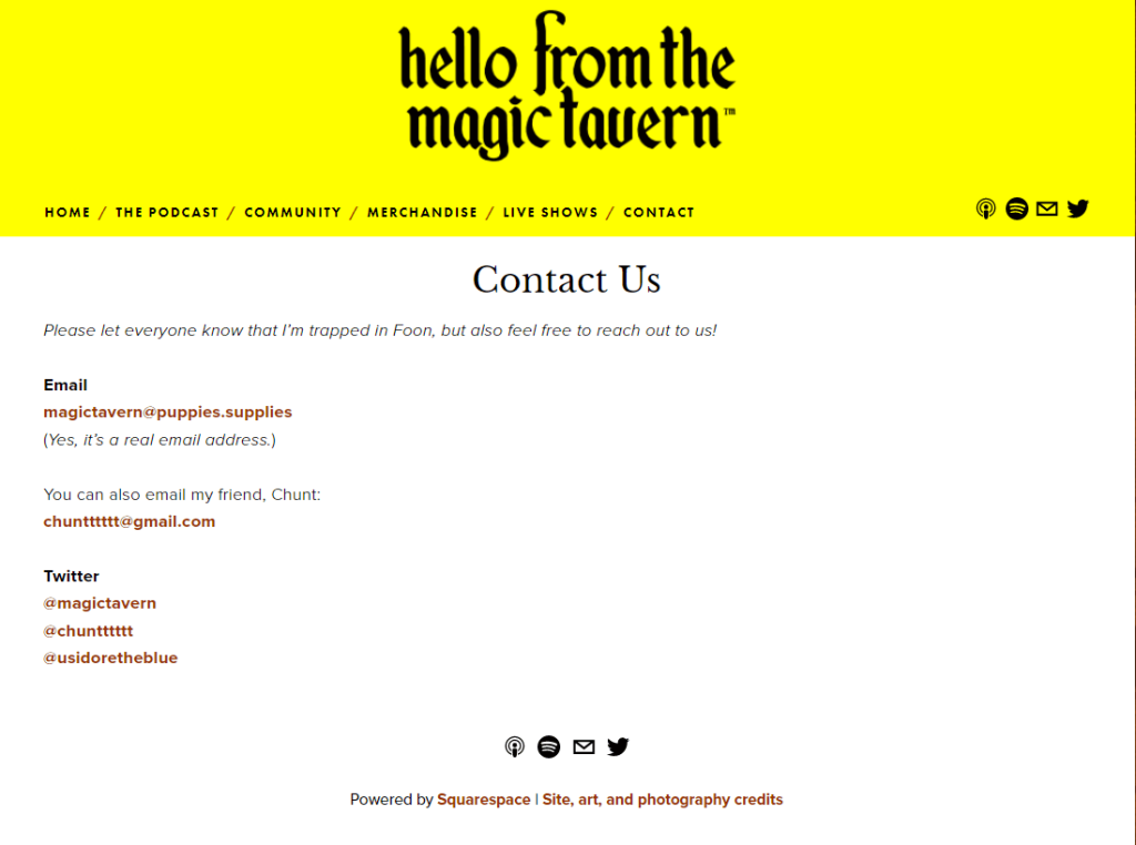 Hello From The Magic Tavern의 테마 연락처 페이지의 예.