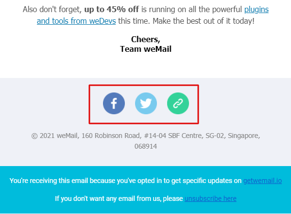 weMail 時事通訊中的社交 cta