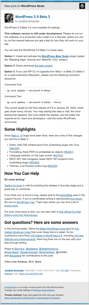 WordPress 5.9 Beta 3 Ürün Lansmanı E-postaları