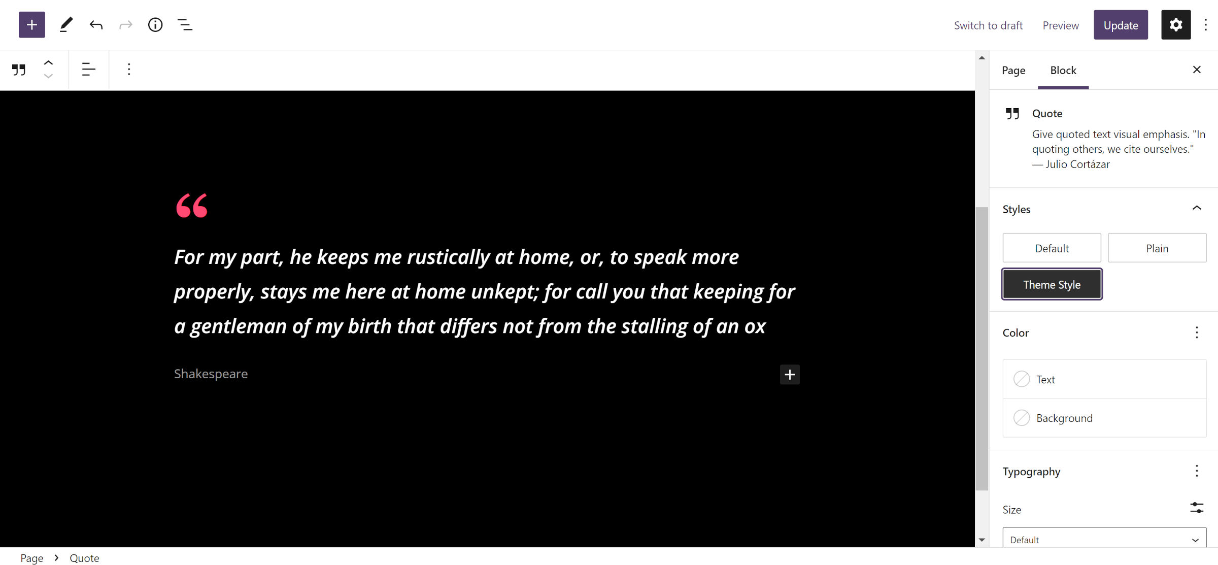 Editor posting WordPress dengan kutipan dari Shakespeare di kanvas konten.