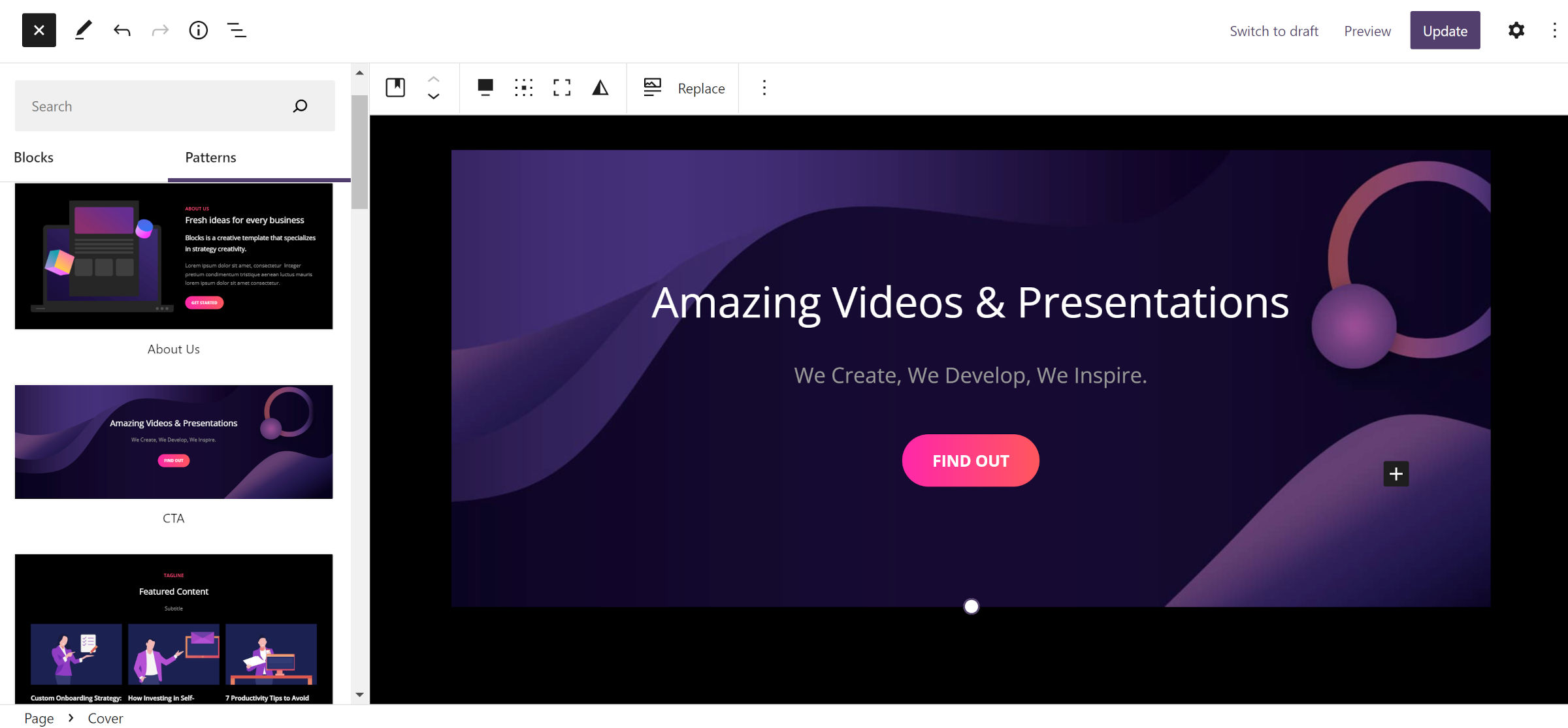 Editor posting WordPress dengan penyisip pola terbuka. Pola CTA dengan judul, paragraf, dan tombol ada di kanvas konten.