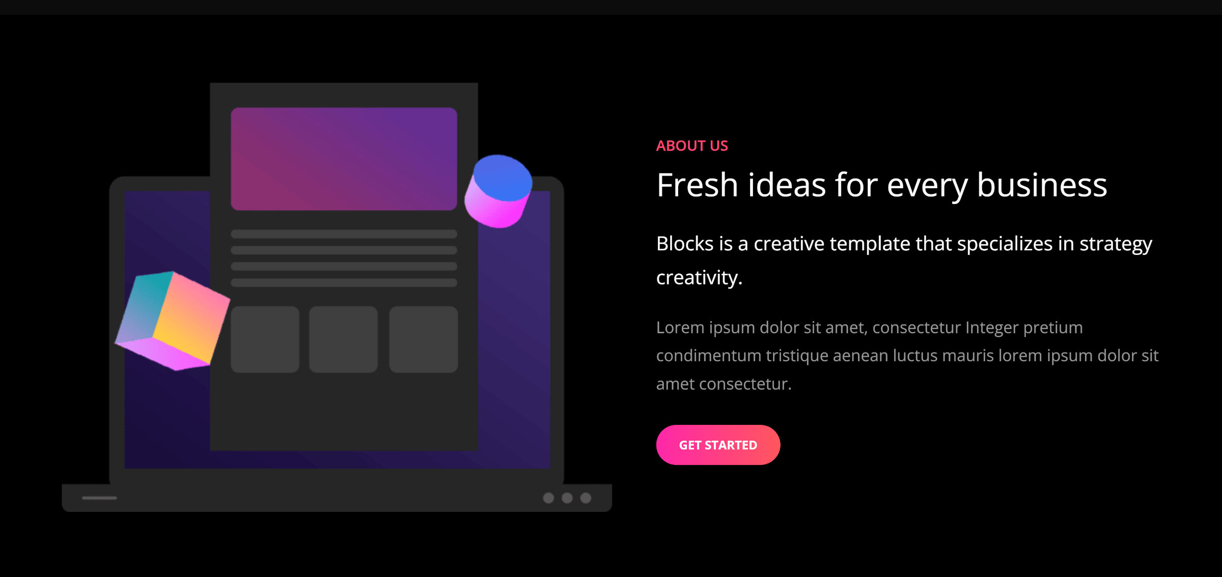 Blok Media & Teks berfungsi sebagai dasar untuk pola "Tentang Kami". Di sebelah kiri adalah gambar artistik laptop. Di sebelah kanan adalah teks demo dan tombol.