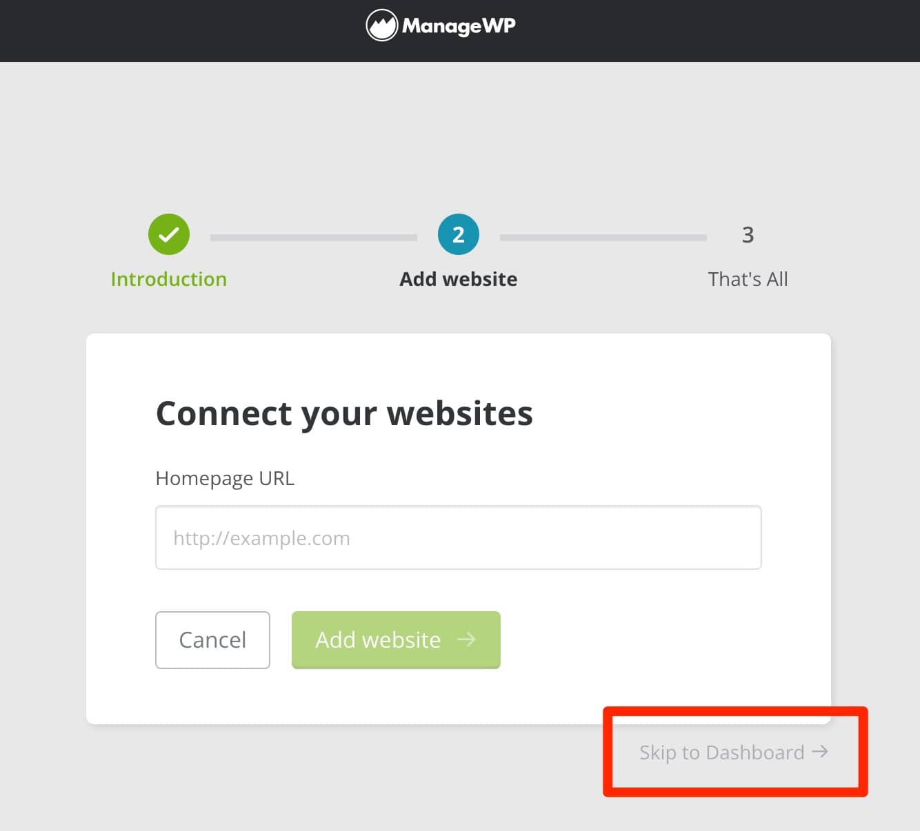 หน้าต่างการเชื่อมต่อเว็บไซต์ของคุณกับ ManageWP