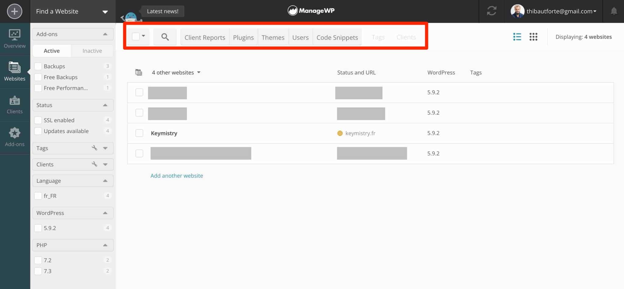 แท็บการตั้งค่าบางอย่างใน ManageWP