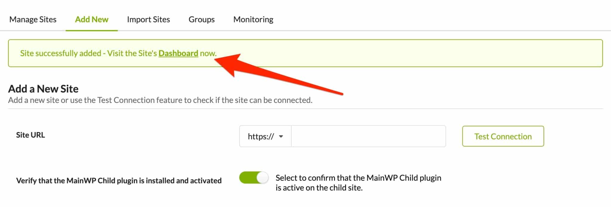 MainWPに新しいサイトを追加しました。