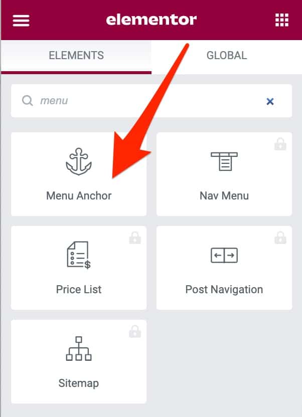 วิดเจ็ต Menu Anchor บน Elementor