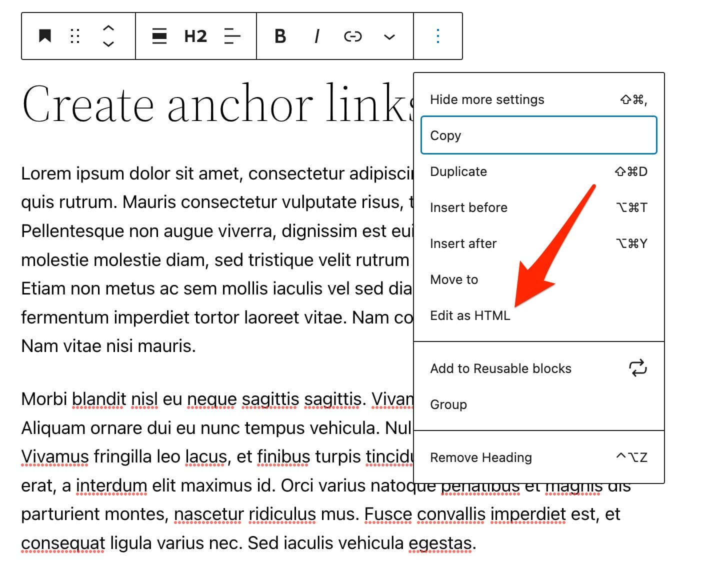 เลือกปุ่มบล็อก "แก้ไขเป็น html" เพื่อสร้างลิงก์แองเคอร์ของ WordPress