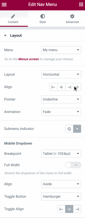 Menu di navigazione nelle impostazioni di Elementor.